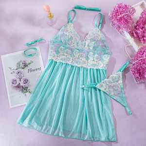 Wholesale Embroidery Green Flower Mesh Girls Night Dress Full Romantic Babydoll With G-<b>string</b> <b>Thong</b> - Product Image 6
