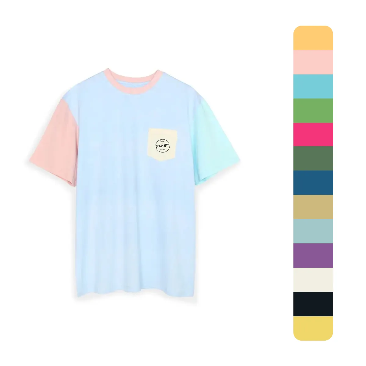 T-shirt a blocchi di colore Tshirt con ricamo Logo personalizzato di alta qualità all'ingrosso t-shirt Unisex in cotone multicolore con tasca
