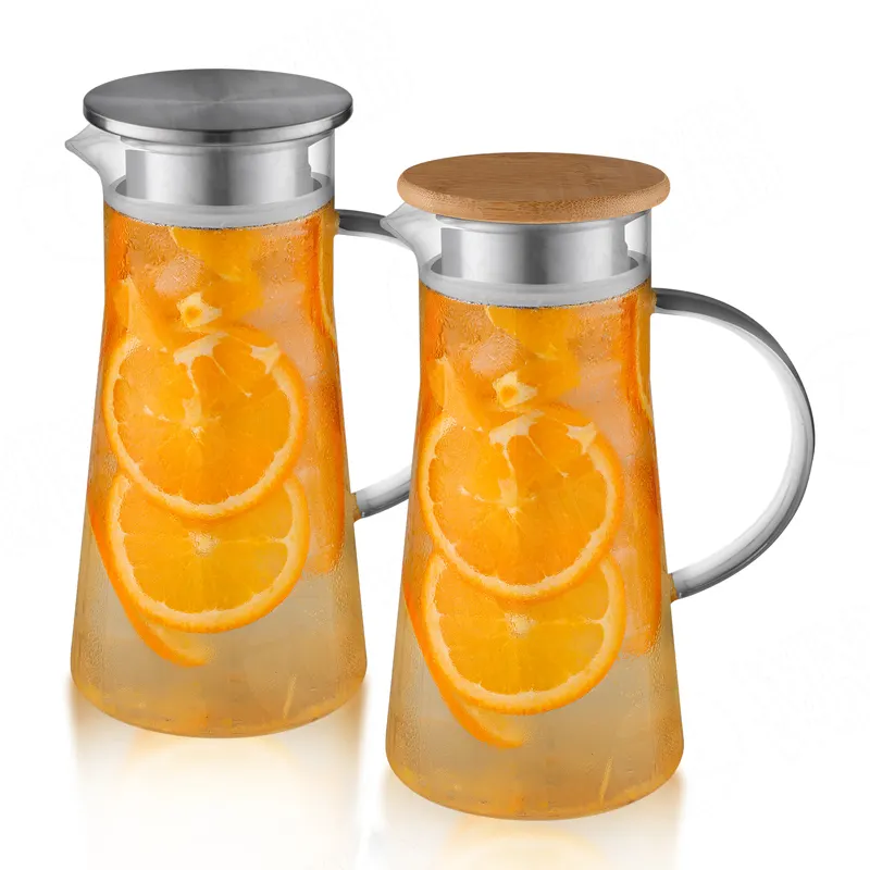 Glaskrug mit Deckel und Griff, Wasserschüssel für Eistee Saft, hitzebeständiger Borosilikat-Glaskaraffe für heiß/kalt frei von BPA