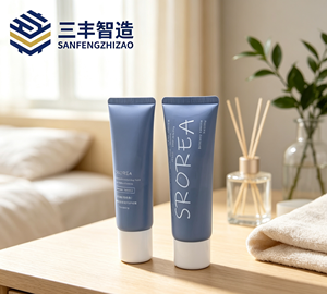 Tube cosmétique bleu à presser avec capuchon blanc pour crème pour les mains - Product Image 2