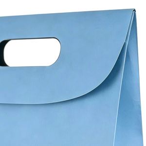 Sacs en papier kraft bleu personnalisés avec poignées découpées, recyclables et adaptés aux pâtisseries, aux collations et aux articles similaires. - Product Image 3