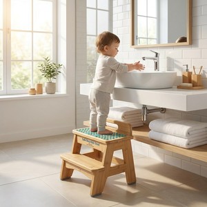Tabouret en bambou à 2 marches pour enfants avec points antidérapants bleu sarcelle, tour d'aide robuste pour tout-petits pour lavabo <span class=keywords><strong>de</strong></span> salle <span class=keywords><strong>de</strong></span> bain et décoration - Product Image 2