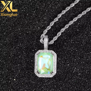 Collier Bling Bling inspiré du hip-hop, plaqué argent, avec zircon cubique rose vif taille émeraude et halo pavé, très attrayant - Product Image 5
