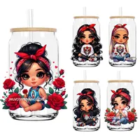 Chibi mignon Chicana poupée avec Rose UV DTF transferts autocollants décalcomanies pour Libbey tasses froides tasses gobelet mexique étanche bricolage Logo