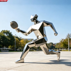 YOUFINE Escultura de Jugador de Tenis de Mesa en Acero Inoxidable Pulido Geométrico, Estatua de <span class=keywords><strong>Ping</strong></span> Pong de Metal de Tamaño Real para Arte Público - Product Image 1