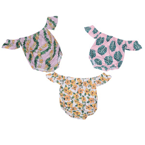 Ge2-2 Stock - Mono de Algodón Tejido para Bebés Niñas, con Estampado Floral Hawaiano, Top de Tubo, Un Hombro Descubierto y Banda Elástica - Product Image 2