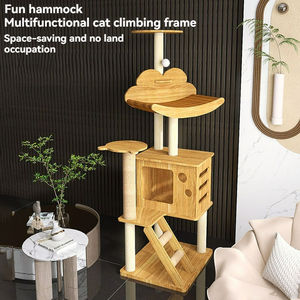 Arbre à <span class=keywords><strong>chat</strong></span> multi-niveaux en bois avec lit en rotin rotatif, grande maison pour <span class=keywords><strong>chat</strong></span>, échelle, jouet interactif avec balle pour chats d'intérieur - Product Image 3