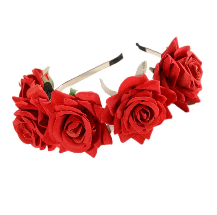 Tissu de mode en gros fleur artificielle tête boucle mariée fête chapeaux épingle à cheveux rouge flanelle rose cheveux cerceau femelle