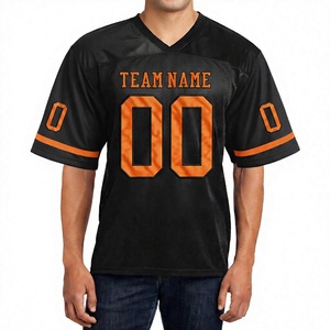 Maillot de football américain sublimé noir et orange pour homme, col en V, manches courtes, maille respirante 100 % polyester, nom d'équipe personnalisé - Product Image 1