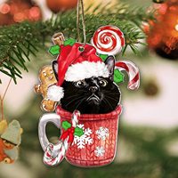 Adornos de gato negro plano acrílico 2D, decoración de Navidad, colgante de árbol con cordón para decoración del hogar, regalos de Feliz Año Nuevo