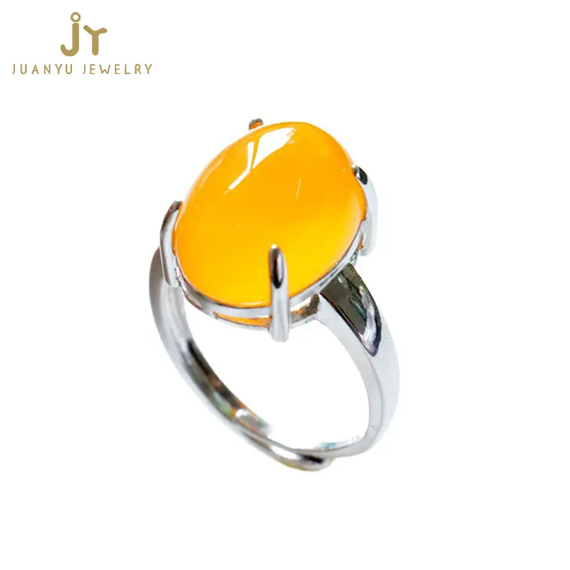 Wholesale precious agate ring Adjustable Size Natural Yellow Chalcedony Gemstone Oval Cabochon Ring Copper Trendy Jewelry
