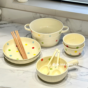Service de table en céramique à pois, bols ronds, assiettes, baguettes, cuillères, passe au lave-vaisselle, usage quotidien - Product Image 1