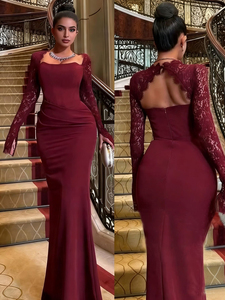 Vestido de Noche Elegante para Mujer, Estilo Nuevo, Formal, Largo hasta el Suelo, de Cachemira con Encaje, Cuello Cuadrado, Color Borgoña, de Secado Rápido - Product Image 5
