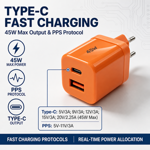 Cargador de Pared de 45W con Doble Puerto A+C, Enchufe Europeo, Carga Rápida PD PPS para Teléfono Móvil y Tableta, Naranja - Product Image 3
