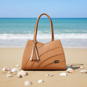 Sac à main pour femme Fana Kanya en cuir PU camel imperméable, sac de plage à fermeture ouverte, décoration à pompon, style luxueux - Product Image 2