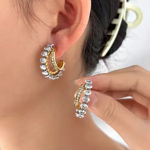 USENSET Luxury White Cubic Zirconia Curve Stainless Steel Hoop Earrings Chic Irregular Gold Plated C-Shaped Ear Stud Daily Wear