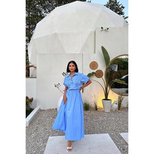 Vestido Camisero Azul con Cuello, Cintura Elástica, Tejido Transpirable, Vestido Casual Diario - Product Image 2