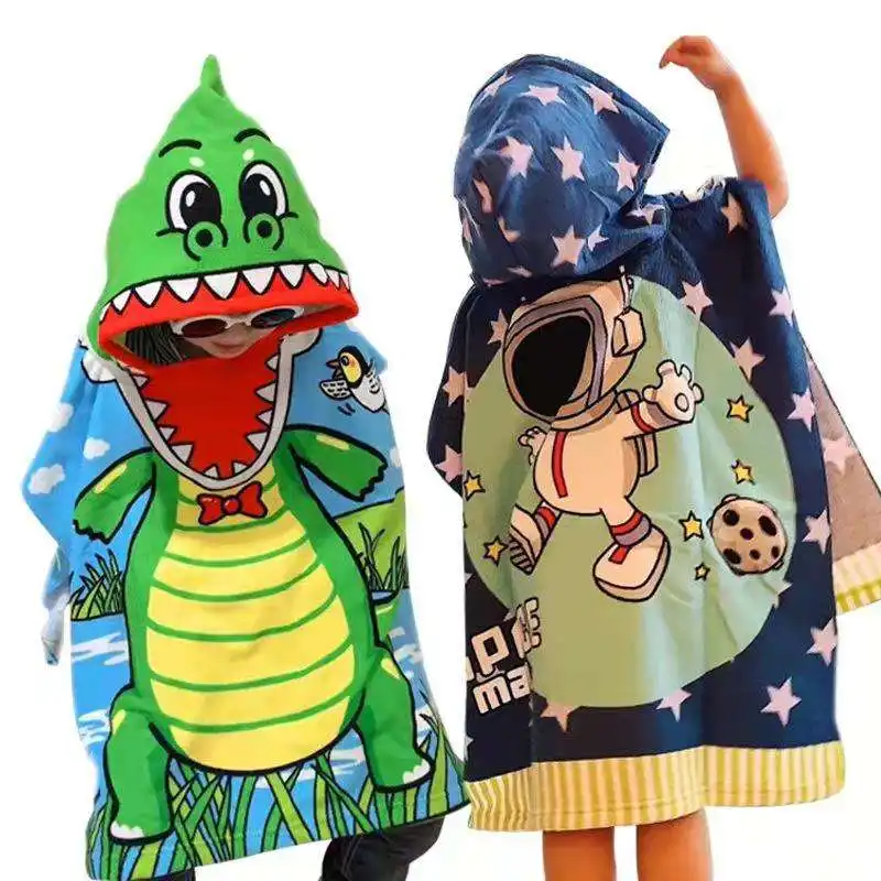 Custom Prints Cartoon Goedkope Microfiber Kids Zwemmen Kinderen Strand Capuchon Draagbare Poncho Handdoek