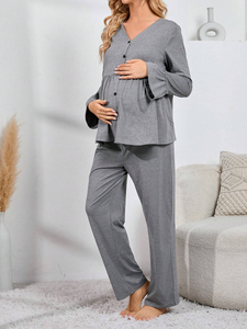 Haut péplum et <span class=keywords><strong>pantalon</strong></span> de pyjama boutonné à l'avant de maternité vêtements de nuit à taille réglable ensemble de vêtements de maternité pour femmes enceintes - Product Image 3