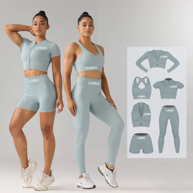High Quality Ribbed Zipper 6 Piece Gym Set Women Seamless Activewear Workout Gym Clothing Fitness Yoga Wear Sportswear