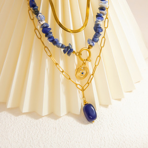 Collier superposé tendance en pierre naturelle, plaqué or 18 carats, acier inoxydable, ras-de-cou multi-brins avec pendentif, chaîne de clavicule, automne-hiver - Product Image 2