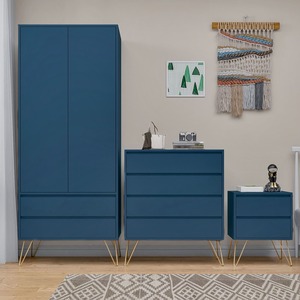 Moderno <span class=keywords><strong>blu</strong></span> 3 pezzi camera da letto con cassettiera armadio e comodino durevole e salvaspazio mobili di stoccaggio - Product Image 1