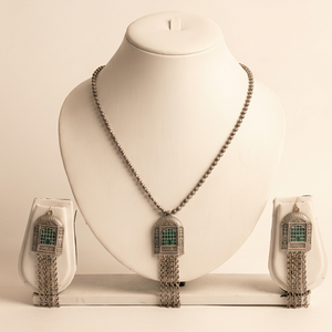 DIVYORO Oxidized Silver Heritage Lattice Pendant Necklace Set with Hanging Chains Elegant Statement Jewelry Set Designer Fashion - Product Image 1