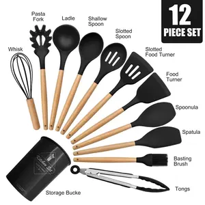 Ensemble de 12 ustensiles de cuisine en silicone avec manche en bois, antiadhésifs, pour casseroles, avec seau de rangement - Product Image 3