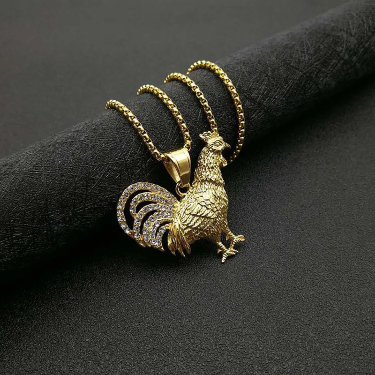 Fashionable Style Hip-hop Gold-plated Stainless Steel Diamond Animal Chicken Zodiac Pendant Necklace For Unisex