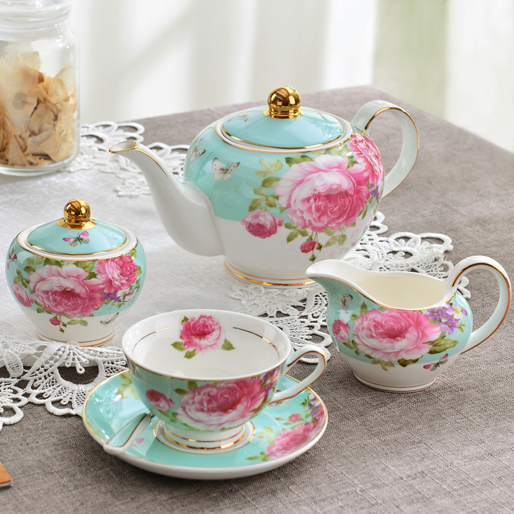 Custom Luxury Pink Color Floral Turkish Tea Cup Saucer Sets,Fine 5 Pcs Porcelain Tea Set Tea Pot Set