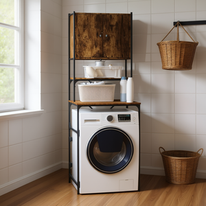 ตู้เครื่องซักผ้าไม้โอ๊ครมควัน 26.8x19.1x76.4 นิ้ว ชั้นเก็บของสามชั้นสำหรับจัดระเบียบห้องน้ำและห้องซักรีด - Product Image 2