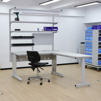 Banc de travail d'angle ESD en acier réglable en hauteur avec éclairage LED, rail d'alimentation, rangement d'outils, pour la production et la réparation de circuits imprimés, fabricant OEM