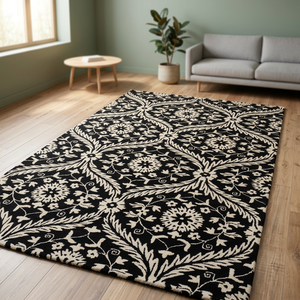 Tapis floral noir et blanc, tapis d'intérieur à motif traditionnel pour salon, chambre à coucher, décoration de la maison - Product Image 3