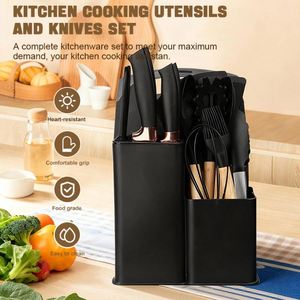 Juego de utensilios de cocina de silicona KitchenBliss de 19 piezas con mango de madera, tabla de cortar y cubo de almacenamiento, juego de cuchillos de cocina - Product Image 1