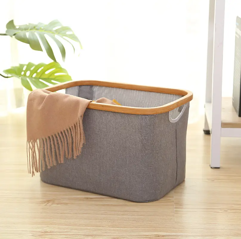 Home Storage Cotton Box Polyester Foldable Bamboo Laundry Basket 38x26x23cm