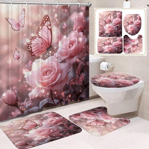 Set <span class=keywords><strong>Tenda</strong></span> Doccia 3D con <span class=keywords><strong>Farfalle</strong></span> e Rose, 4 Pezzi, in Tessuto Poliestere Impermeabile, Decorazione Bagno con Tappetini Antiscivolo e Copriwater - Product Image 1