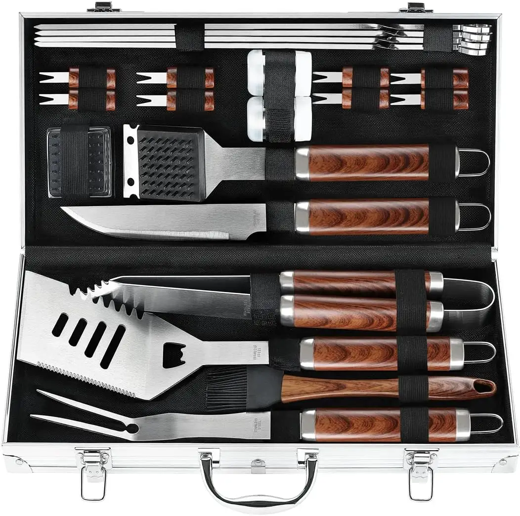 Perfect Grill Gifts 20PCS BBQ Grill Tools Set Extra Spatula Fork Tongs Barbecue Accessories Kit in Aluminum Storage e Case