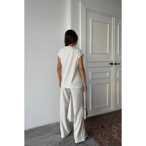 Ensemble chemisier et pantalon en lin brut à sequins, blanc, taille S pour femme - Product Image 1