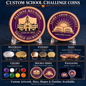 Pièce de monnaie commémorative personnalisée pour réunion d'anciens élèves, émail violet, ton or rose, pour cadeaux de remise de diplôme, commandes en gros, OEM ODM - Product Image 4