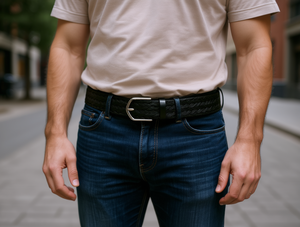 Ceinture élastique tissée pour homme 3,5 cm x 125 cm, boucle en alliage noir, style décontracté - Product Image 2