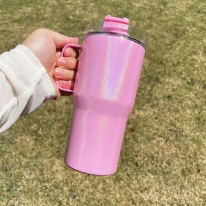 Gobelet de voyage personnalisé avec logo, paillettes scintillantes, 20 oz, avec poignée et paille, pour transfert par sublimation blanche - Product Image 3