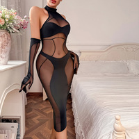 Jumpsuit Wanita Model Baru Bahan Mesh Transparan dengan Bordir, Set Tiga Potong Seksi Termasuk Sarung Tangan, Lingerie Seksi Ringan dan Mempertegas Bentuk Tubuh