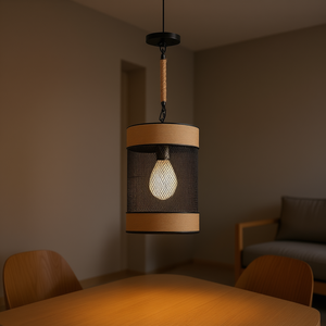Luminaire suspendu cylindrique en métal et corde naturelle, style moderne, pour salon, LED E26, noir - Product Image 2