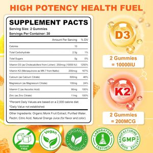 OEM ビタミンD3 K2 グミ（D3 10000IU、K2 200mcg配合）6 in 1 ビタミンDサプリメント（マグネシウム、亜鉛、カルシウム配合、骨と免疫の健康に） - Product Image 2