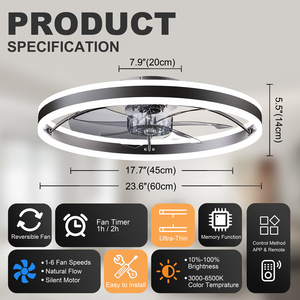 Smart Ceiling <b>Fan</b> with LED Light, 7 Blades Modern Metal Design APP & <b>Remote</b> <b>Control</b>, Dimmable Light 3000K-6500K - Product Image 6