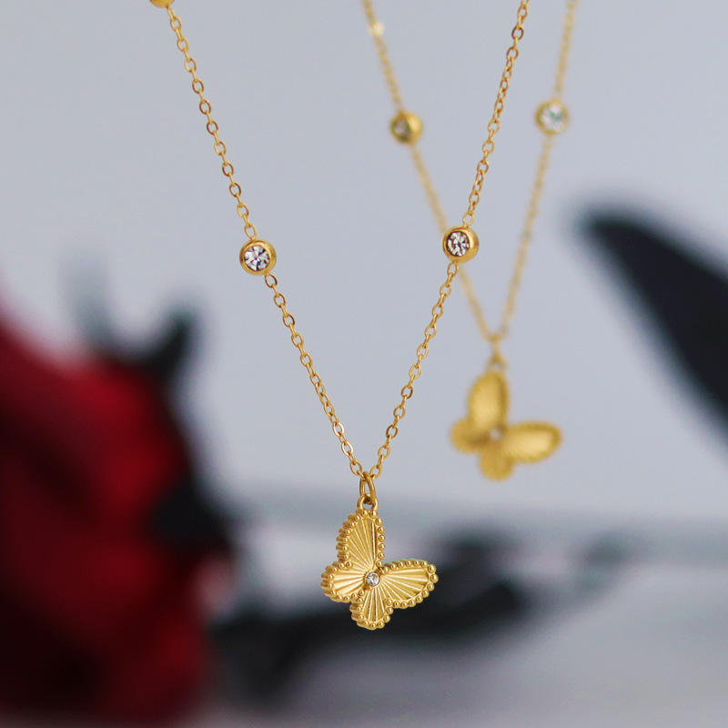 Beautiful butterfly Stainless Steel Pendant Necklace Female Small Gold  Beaded Diamond Live Jewelry Wholesale in Stock