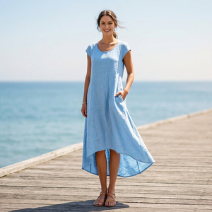 Women's Handmade Breathable Cotton Midi <b>Dress</b> High Waist <b>Loose</b> Flowy Summer Casual Lightweight Vacation Outfit Bow Pockets - Product Image 3