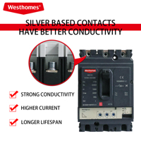 Disjoncteur à boîtier moulé Westhomes WCM6E-630 630A 3P 4P 400V Cuivre 50kA pour la protection et la distribution des moteurs AC