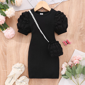 Abito a bolle manica corta per ragazze tessuto a maglia leggera con decorazione a bottone di piccole medie dimensioni per bambini tinta unita estate - Product Image 4