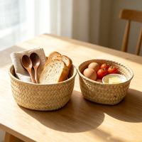 Panier de rangement rond en jonc de mer tressé à la main pour fruits et légumes, style pastoral, multifonctionnel, pour bureau et cuisine